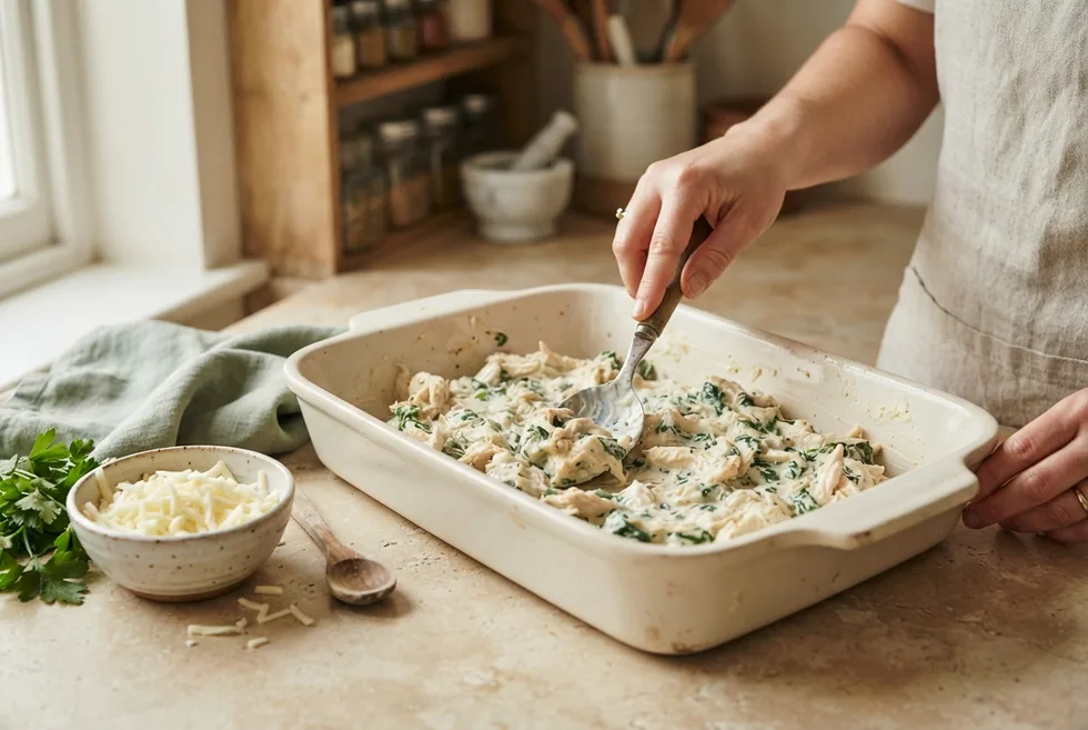 Creamy chicken and spinach mixture being spread into a cream baking dish, with a bowl of shredded mozzarella beside it