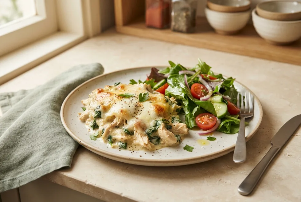 A serving of creamy chicken spinach casserole on a plate with a green salad
