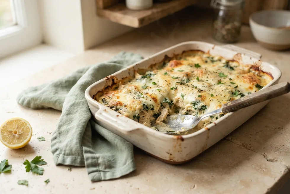 Baked low-carb chicken and spinach casserole with melted mozzarella in a cream ceramic dish, serving spoon resting in it