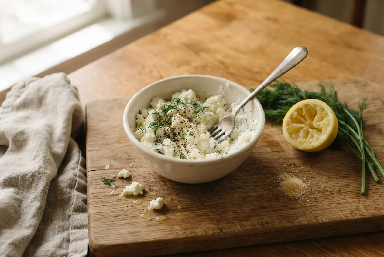 Cottage cheese mixed with chopped dill and black pepper in a small bowl, with a squeezed lemon half and a bunch of fresh dill on a wooden board