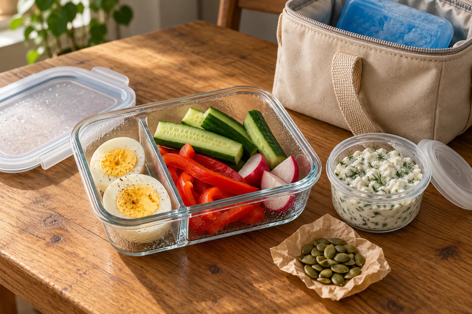 The snack plate packed for work: egg halves and cut vegetables in a glass container, the dip in a small separate pot, pumpkin seeds in paper and an insulated lunch bag with an ice pack
