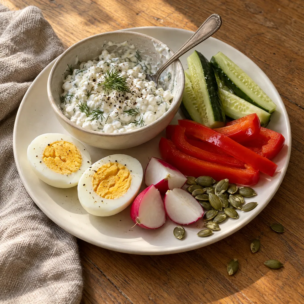 A plate of herbed cottage cheese dip with a spoon in it, a halved hard-boiled egg, cucumber spears, red bell pepper strips, quartered radishes and pumpkin seeds
