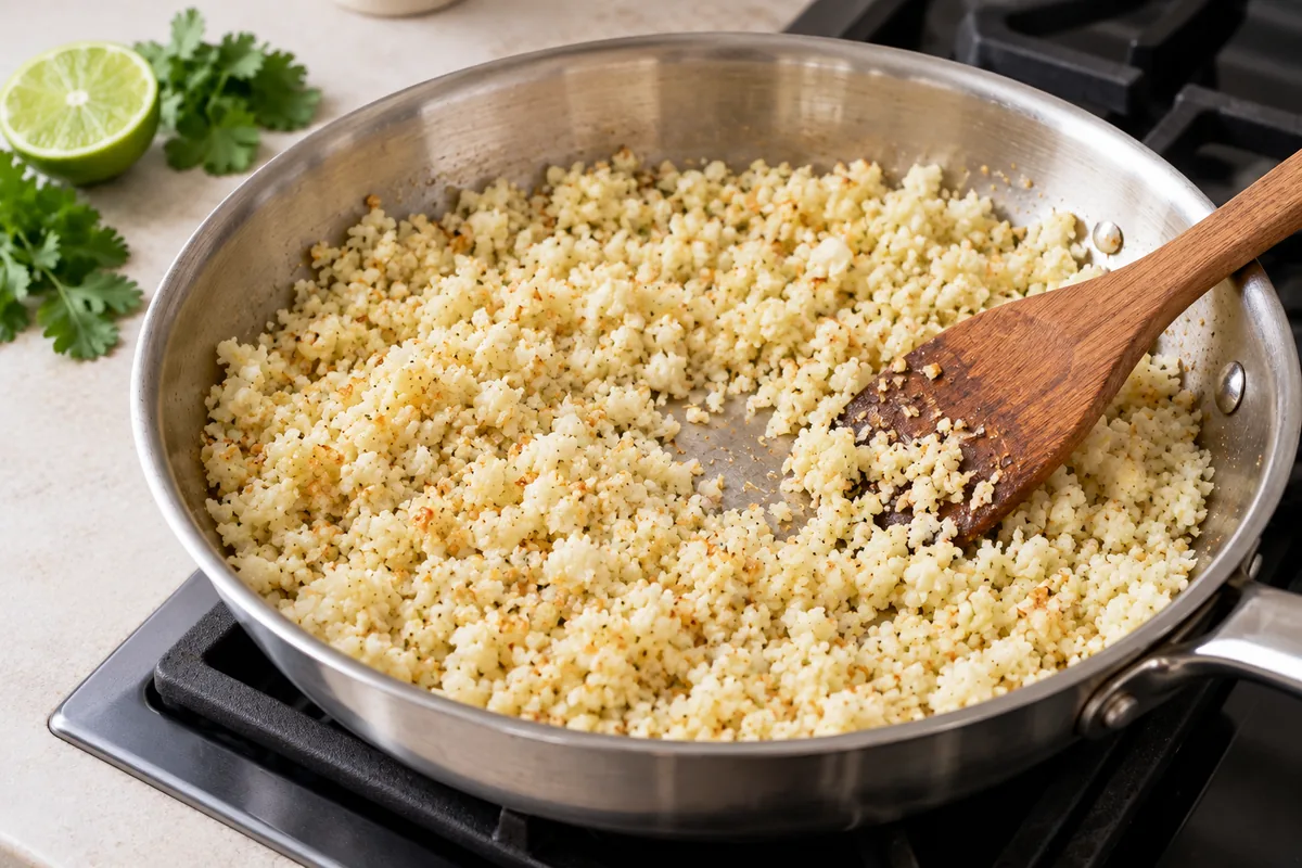 Golden cauliflower rice cooking uncovered in a wide stainless steel skillet with a wooden spoon