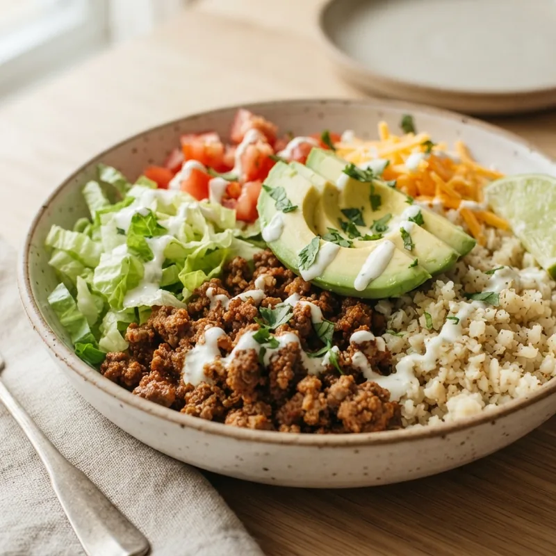 Taco bowl with cauliflower rice, seasoned beef, avocado and shredded lettuce on a wooden table