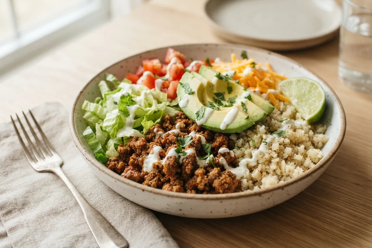 Taco bowl with cauliflower rice, seasoned beef, avocado and shredded lettuce on a wooden table with a fork