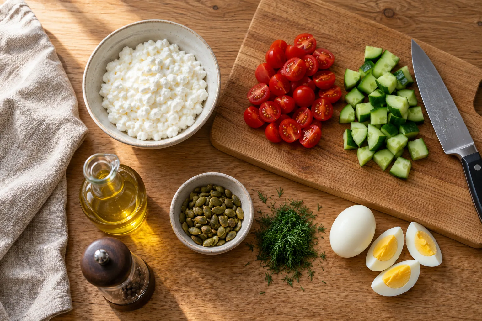 The ingredients laid out on an oak table: a bowl of cottage cheese, halved cherry tomatoes and diced cucumber on a cutting board with a knife, hard-boiled eggs, pumpkin seeds, chopped dill, olive oil and a pepper grinder