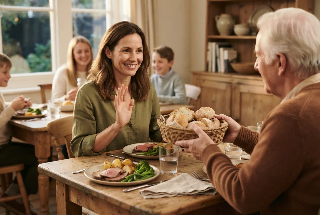 Smiling woman at a family dinner table raising her hand to politely decline a basket of bread rolls offered by an older relative, her plate of roast beef and green vegetables in front of her