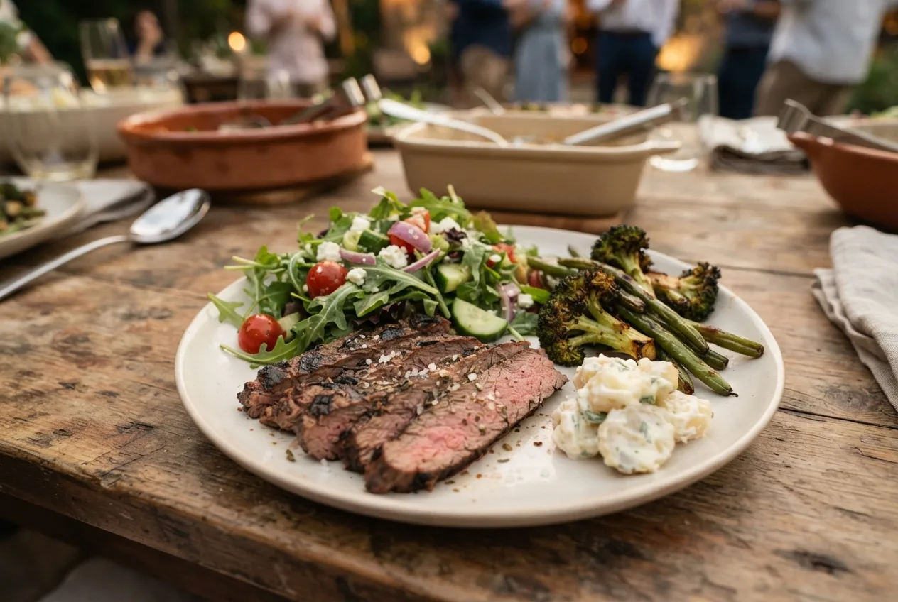 Plate on a rustic party table with sliced grilled steak, arugula salad with tomatoes and feta, roasted broccoli and green beans, and a spoonful of potato salad