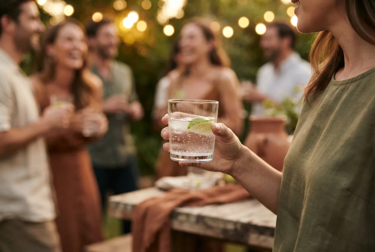 Woman holding a glass of sparkling water with ice and a lime wedge at an evening garden party, guests laughing under string lights behind her