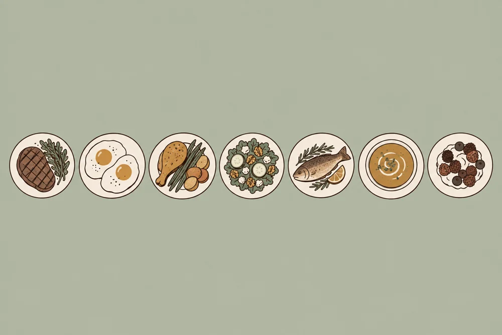 Illustration of seven plates in a row, one simple low-carb meal for each day
