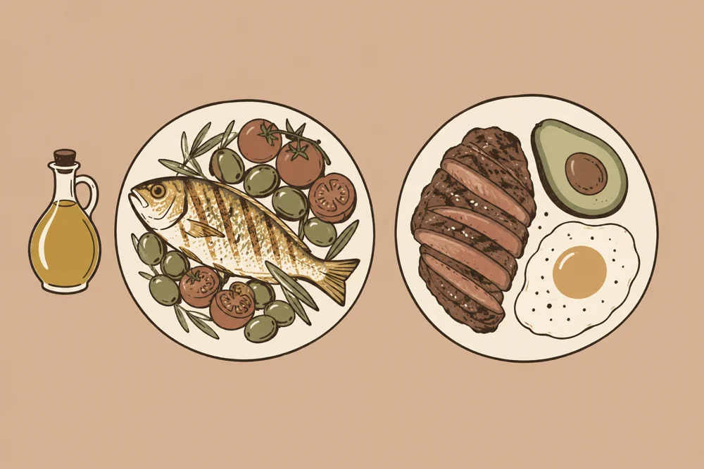 Illustration of a Mediterranean plate with fish and olives beside a keto plate with steak, avocado and egg