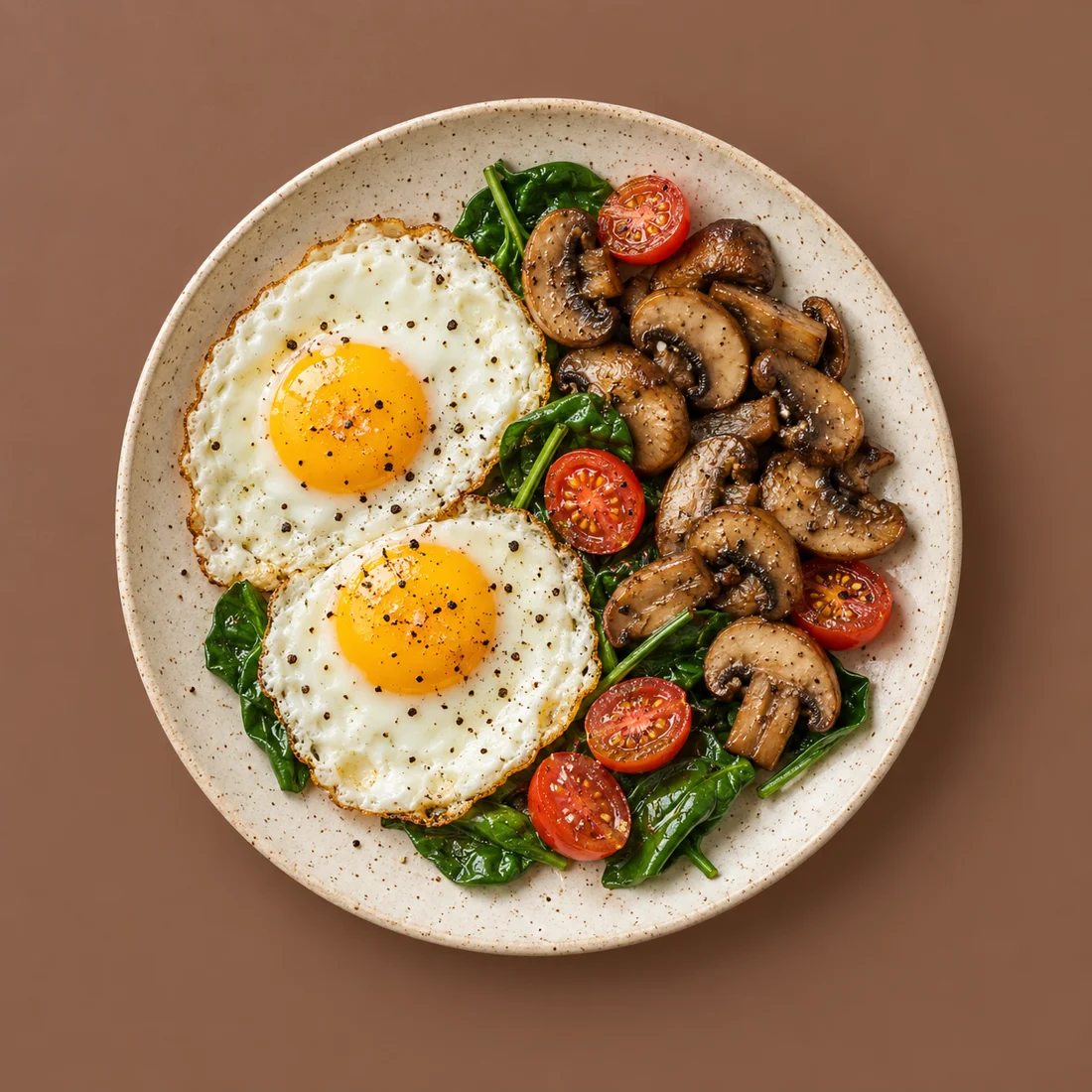 Breakfast plate with two fried eggs, mushrooms, spinach and cherry tomatoes