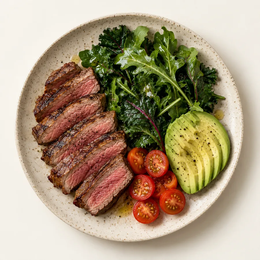Overhead view of a simple low-carb plate: sliced steak, leafy greens, sliced avocado and cherry tomatoes