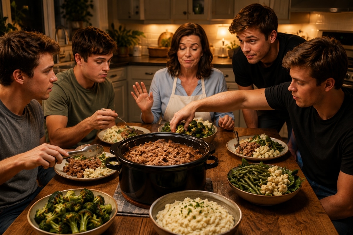 A family sharing slow-cooker pulled pork with low-carb vegetables