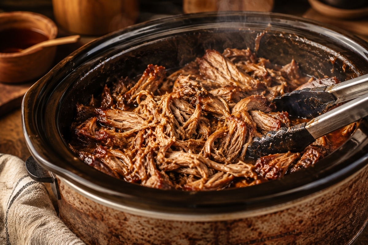 Tender pulled pork in a rustic slow cooker