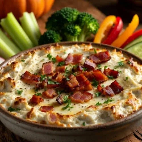 Buttery bacon clam dip served warm with fresh low-carb vegetables