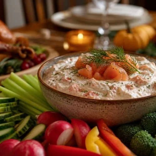 Creamy smoked salmon dip served with celery, cucumber and radishes