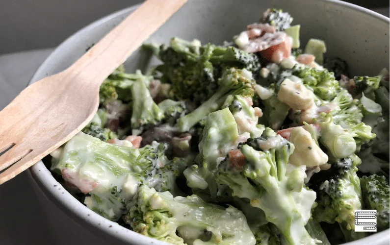 Low-carb broccoli salad served in a bowl, ready for the table