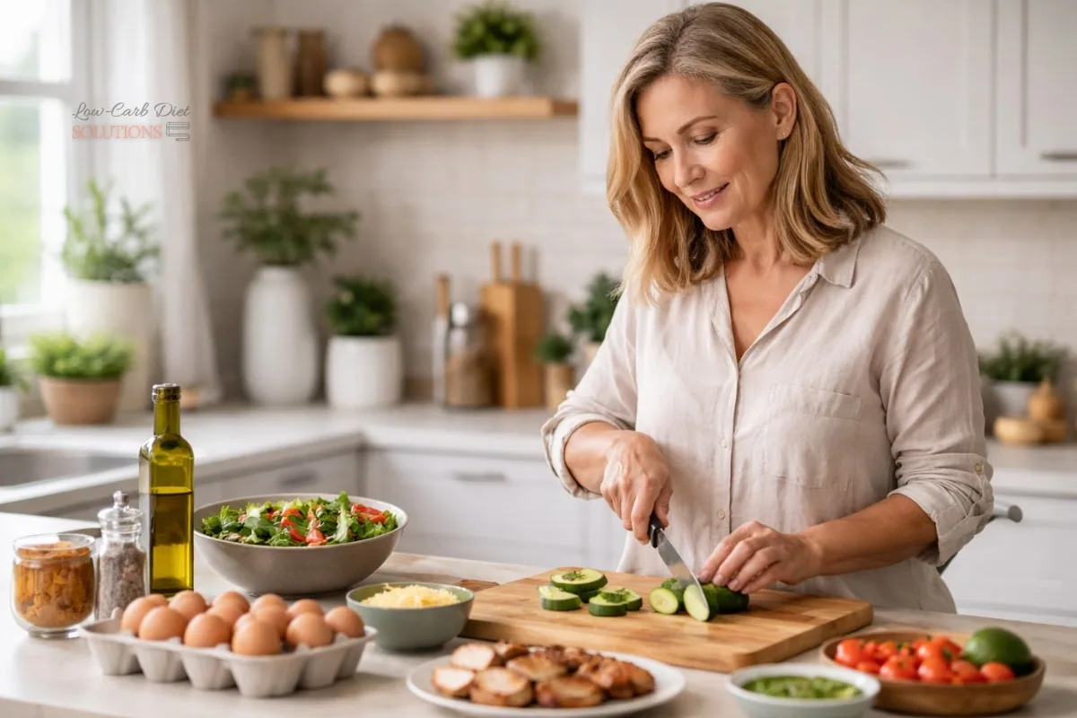 woman preparing simple low carb meal showing consistent healthy habits to stop carb cravings
