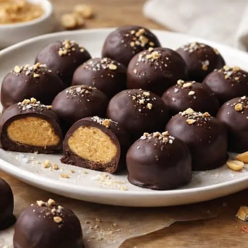 Chocolate peanut butter fat bombs with a creamy center, topped with crushed peanuts