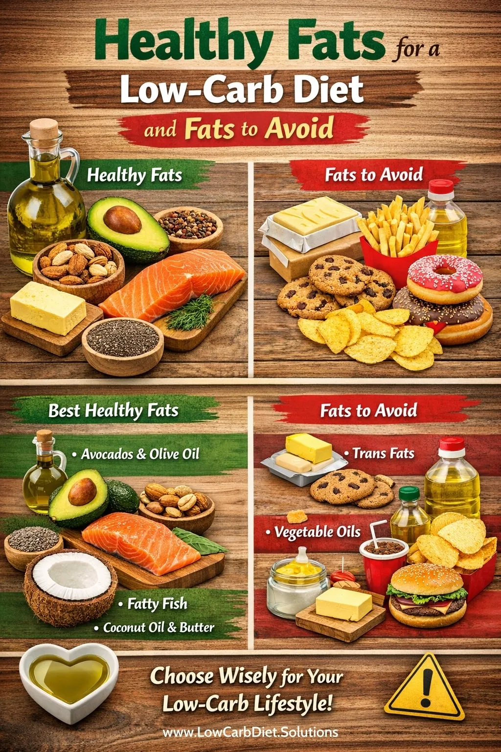 Healthy fats for low-carb diet and fats to avoid comparison infographic showing avocados, olive oil, nuts, salmon and processed foods