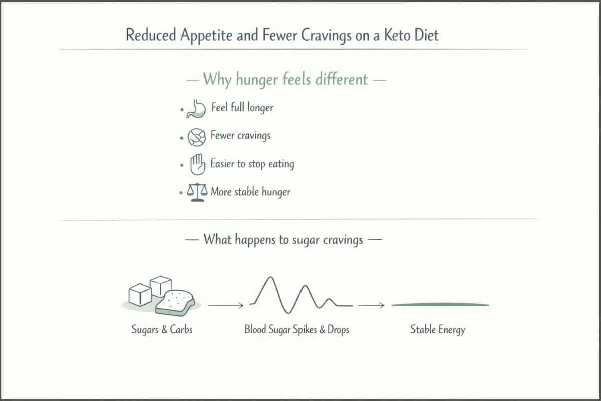Minimalist infographic showing reduced appetite and fewer cravings on a keto diet, with bullet points on satiety and a visual of blood sugar stabilizing from spikes to a flat line