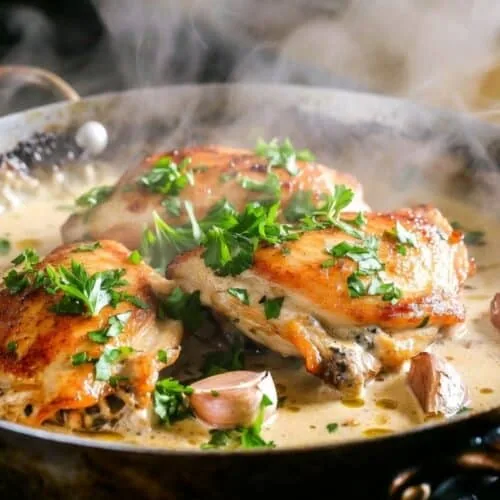 Creamy garlic chicken thighs in parmesan sauce, close up in the skillet
