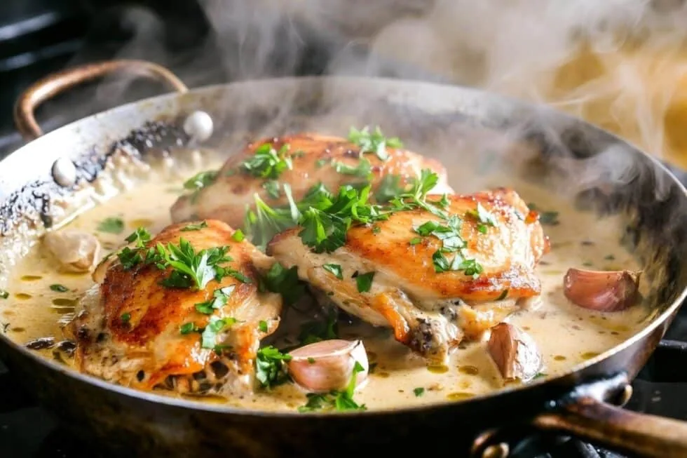 Creamy garlic chicken thighs in a skillet, coated in a parmesan garlic sauce